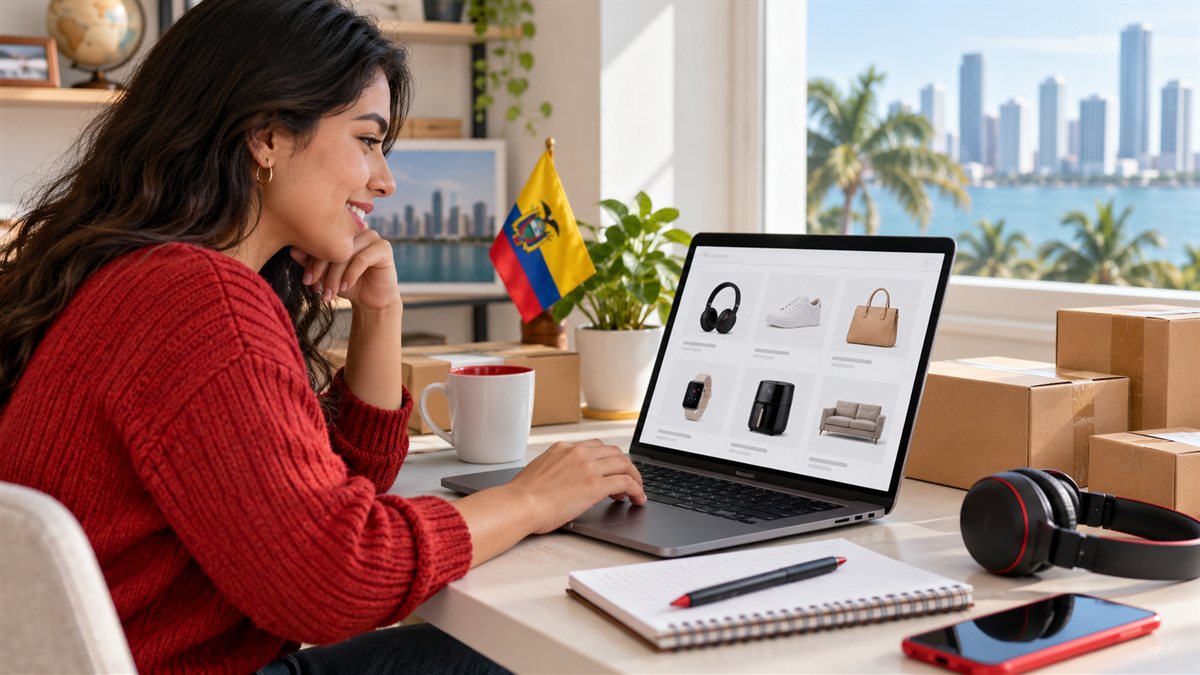 Compradora ecuatoriana revisando productos en una laptop junto a paquetes