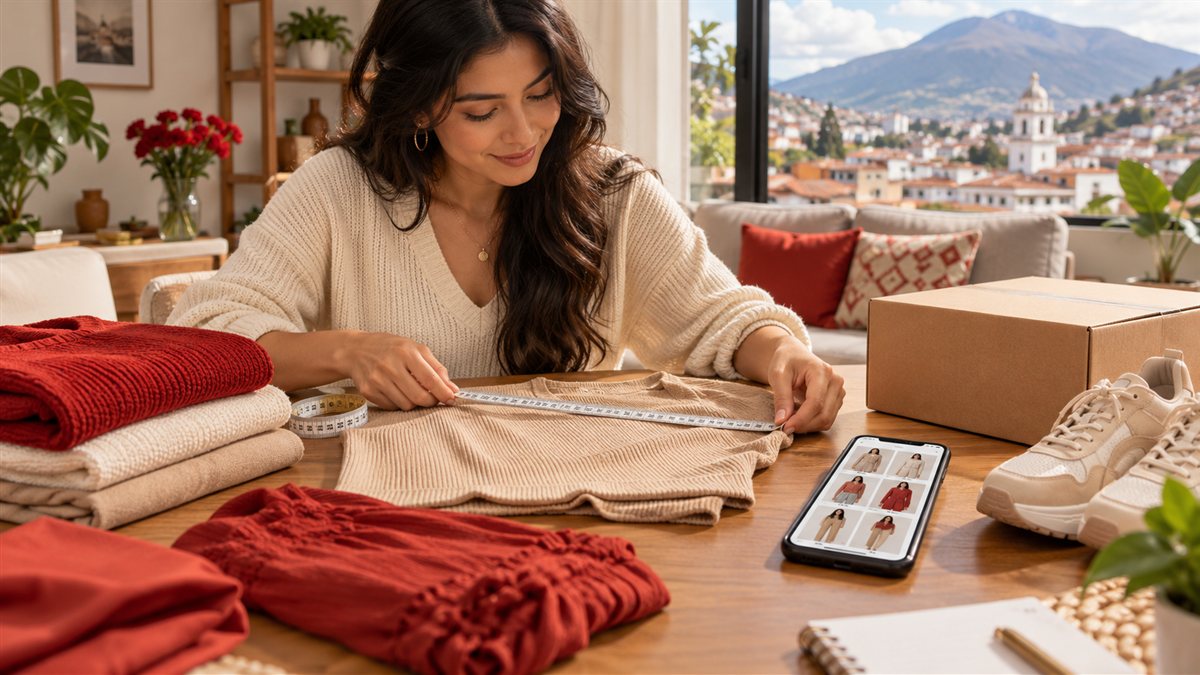 Compra de ropa online con prendas dobladas y paquetes sobre una mesa