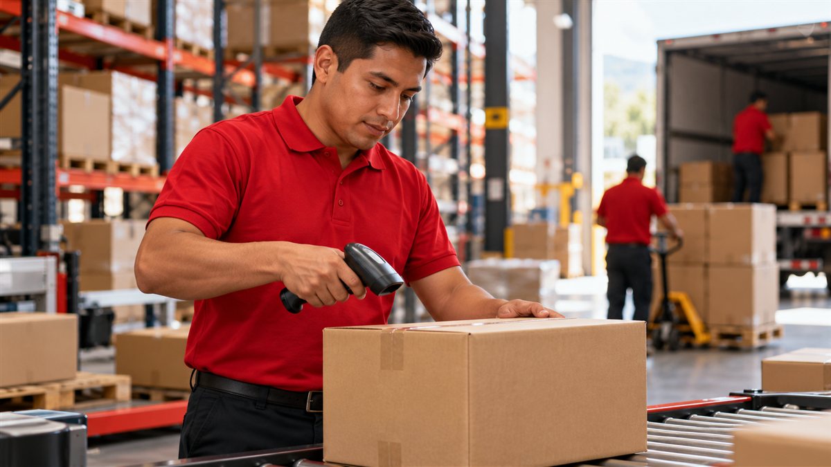 Operador courier escaneando un paquete en una bodega de logística